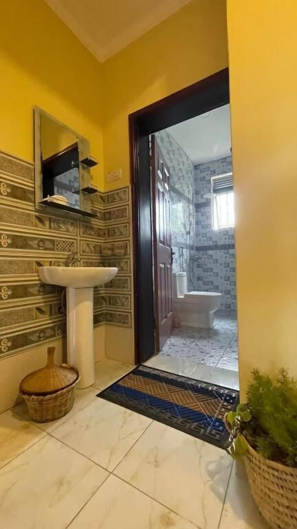 Shower, rainfall showerhead, designer toiletries, hair dryer