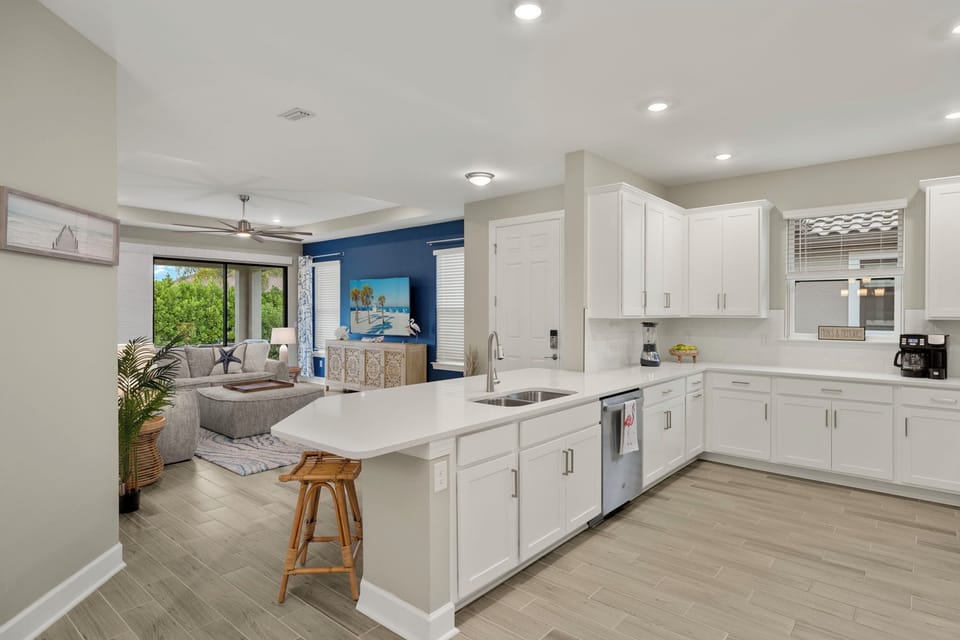 Kitchen overlooks Living room in an open concept design