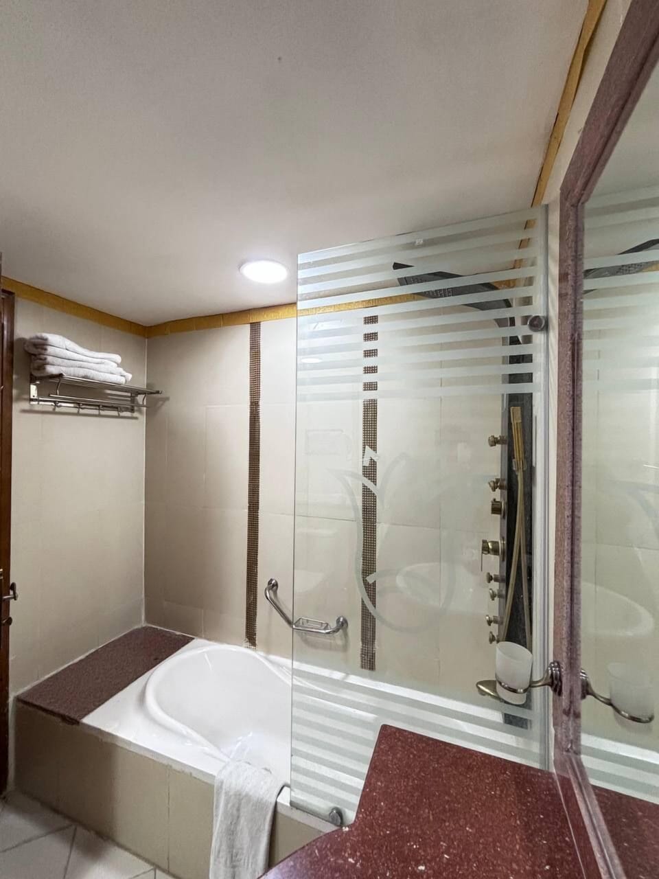 Hair dryer, slippers, towels, soap
