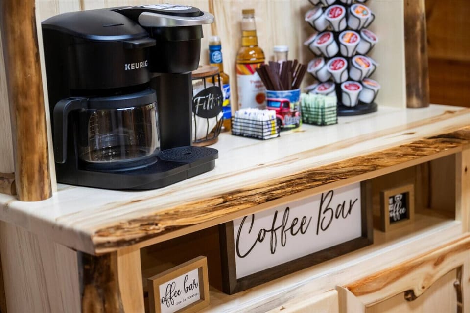 There is a coffee bar located in the kitchen for all of the coffee lovers in your group. A Keurig Duo offers options for both traditional coffee and K-cups. A starter set of supplies is included.