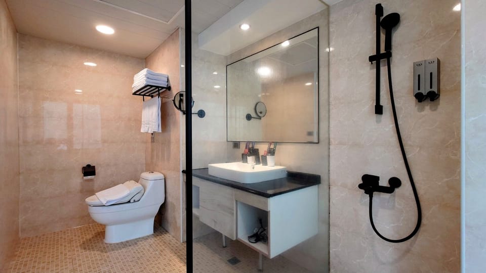 Classic Quadruple Room, City View | Bathroom | Shower, hair dryer, towels, shampoo