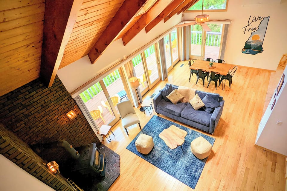 Overview of the living room and dining area.