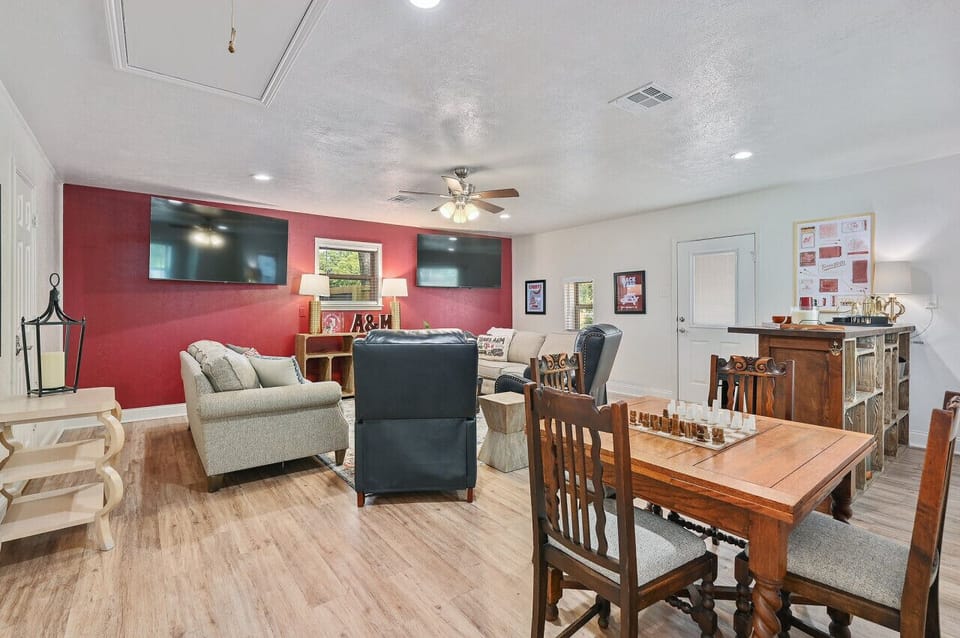 The converted garage is now the ultimate game-day viewing space.