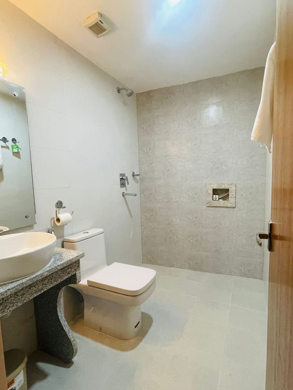 Shower, free toiletries, hair dryer, towels