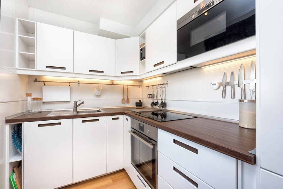 Full-size fridge, microwave, dishwasher, coffee/tea maker