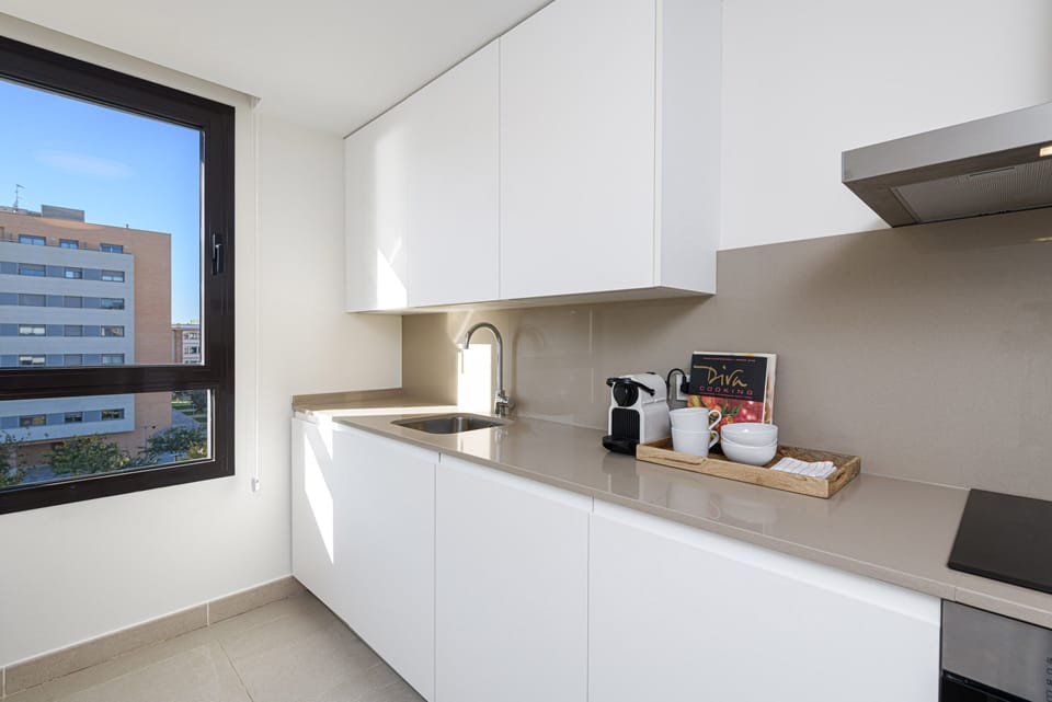 Luxury Apartment, City View | Private kitchen | Full-size fridge, microwave, oven, stovetop