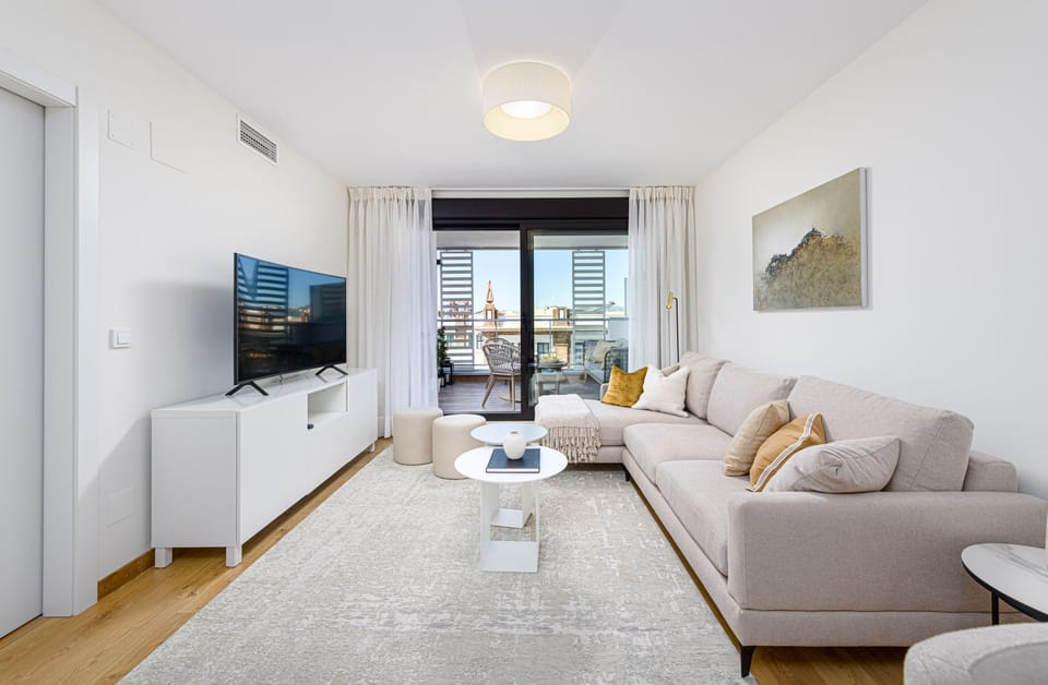 Luxury Apartment, City View | Living area | 5-inch TV with satellite channels