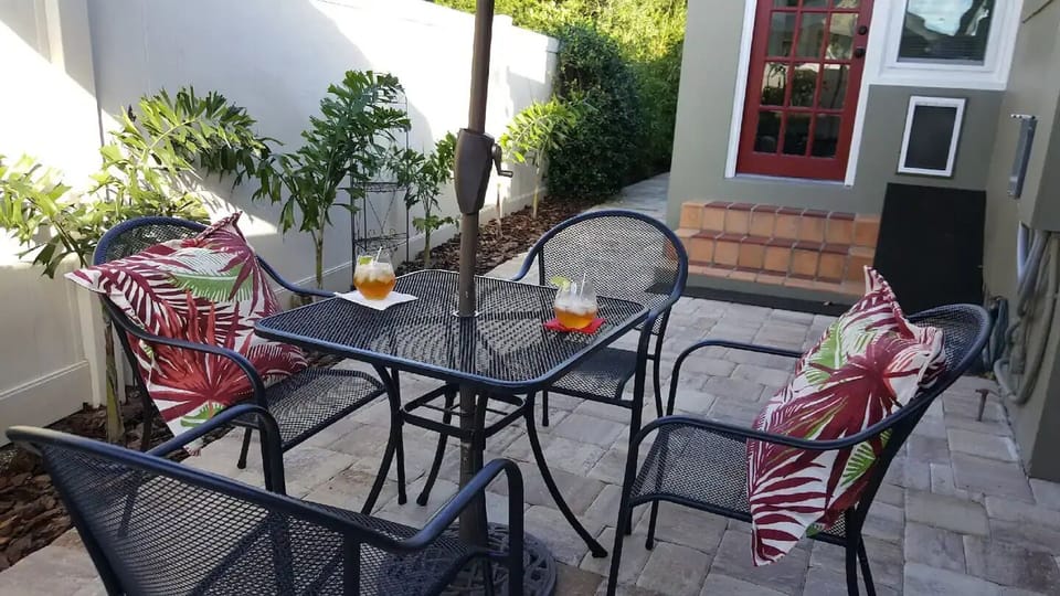 Back patio with fully fenced backyard