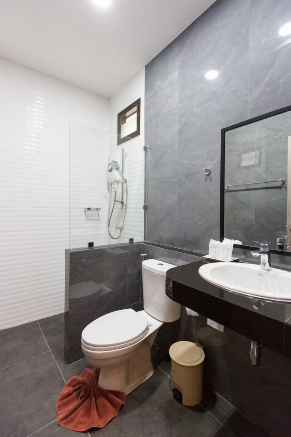 Shower, free toiletries, towels, toilet paper