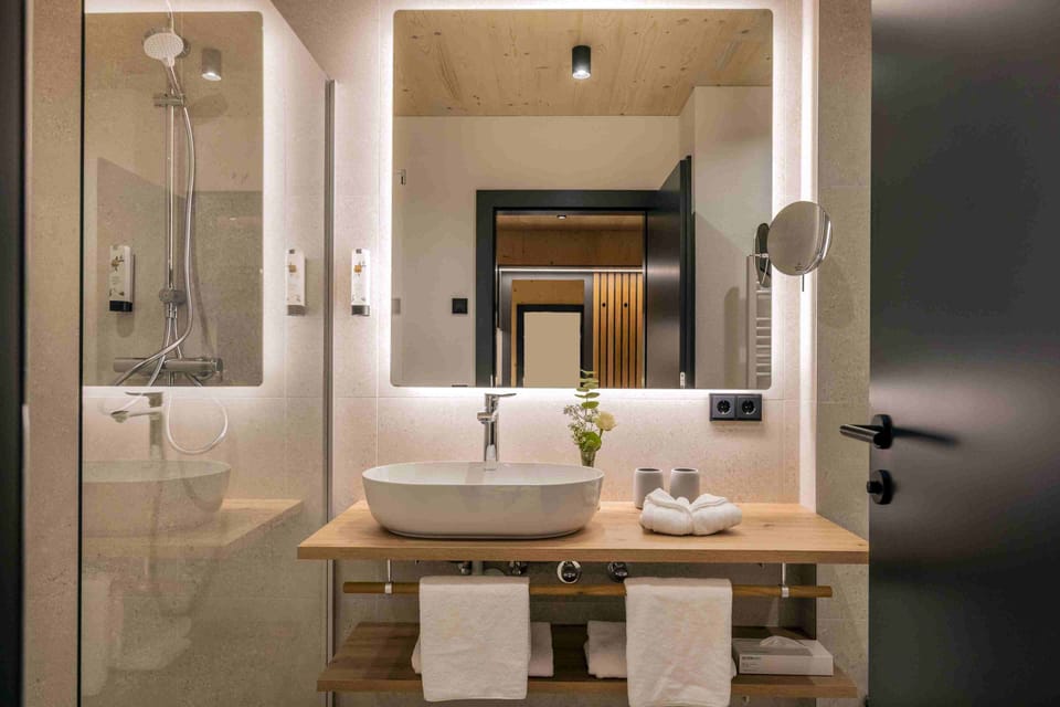 Hair dryer, towels, soap, shampoo