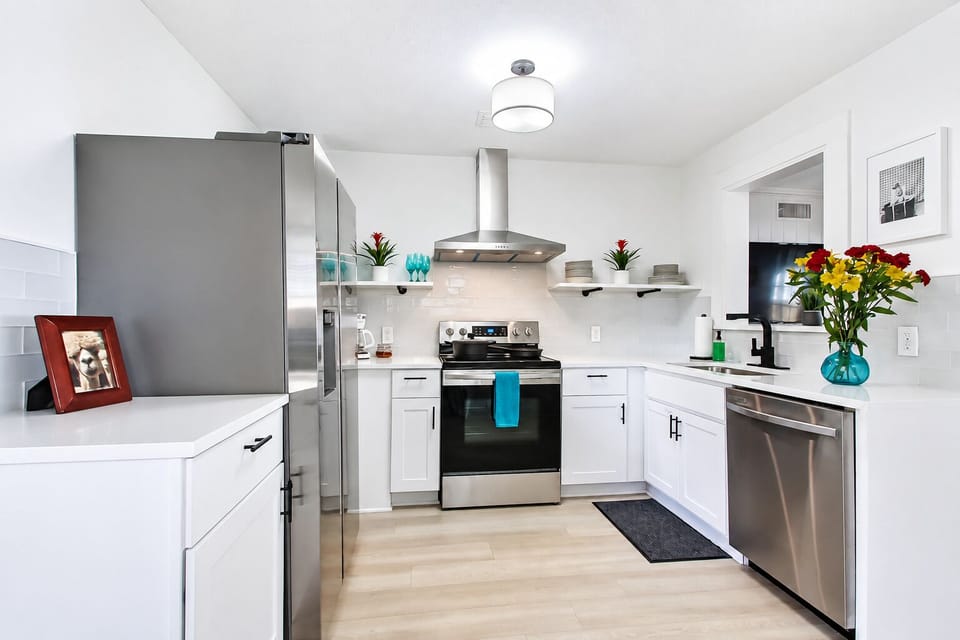 Bright modern kitchen with stainless appliances and stylish open shelving