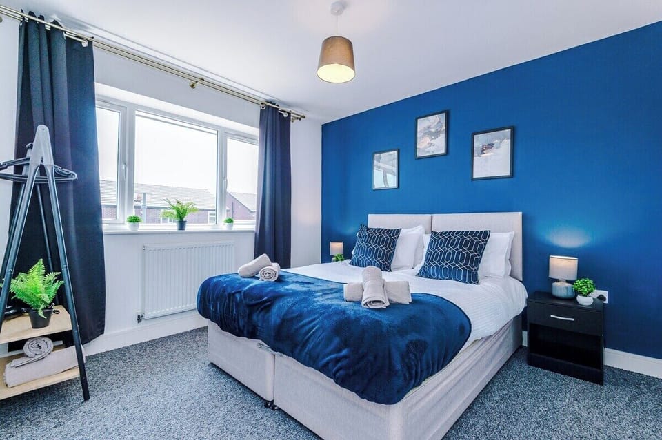 A restful space featuring cozy bedding and matching blue tones.