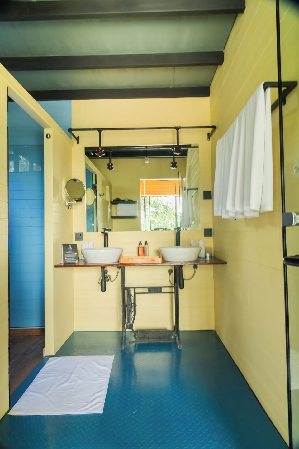 Shower, hair dryer, slippers, towels