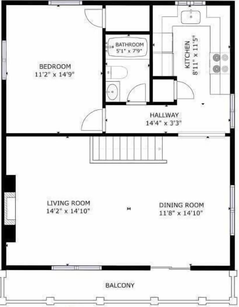 Layout of the main level, including living, dining, and kitchen areas.
