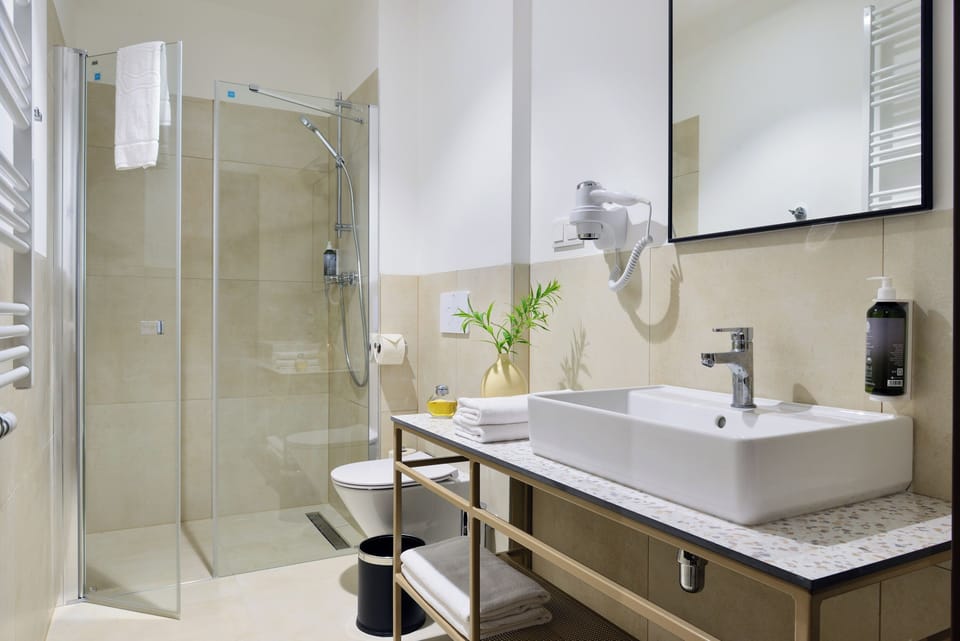 Shower, hair dryer, towels, soap