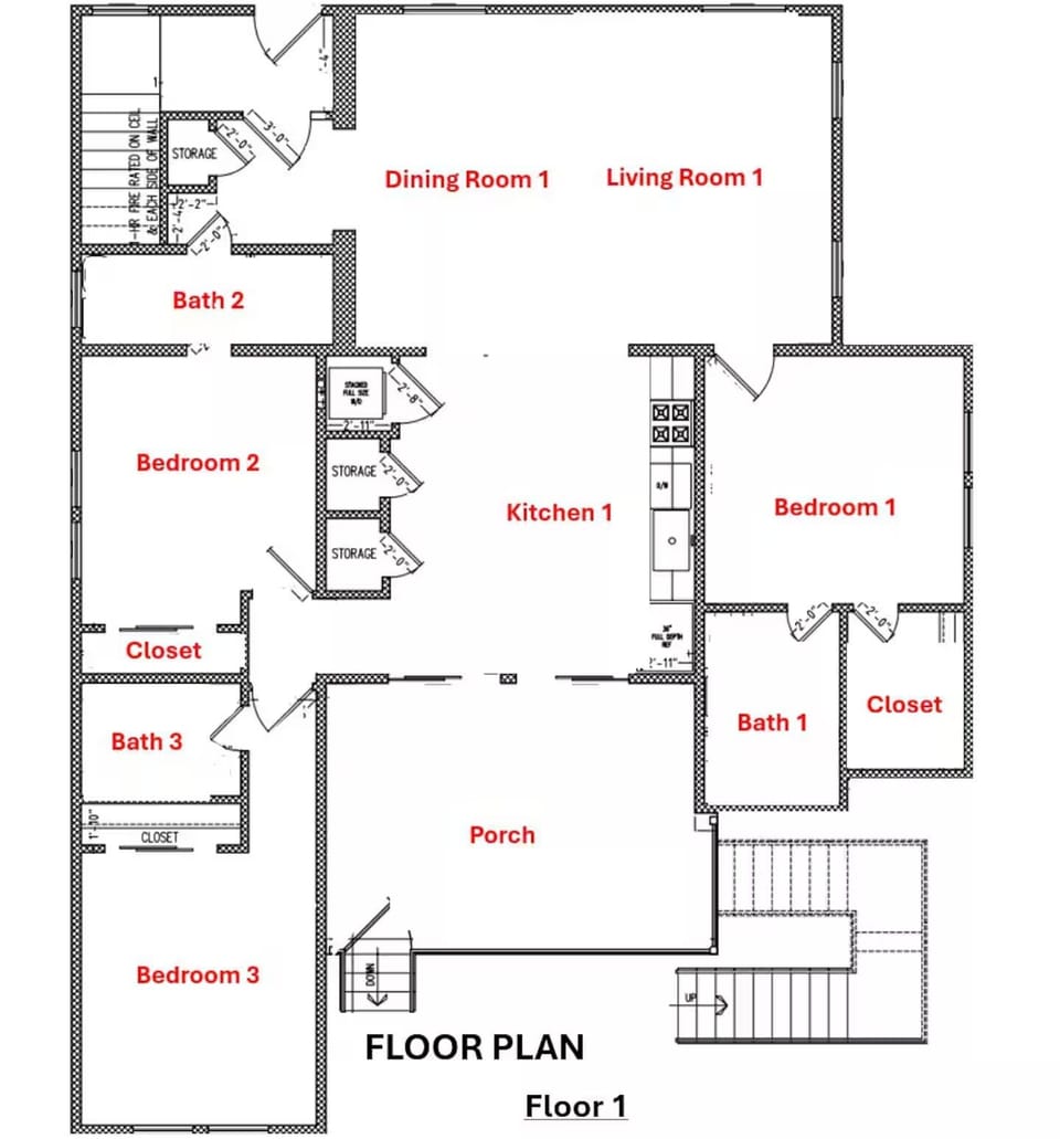 First-floor layout showcasing 3 bedrooms, 3 bathrooms, a fully equipped kitchen.