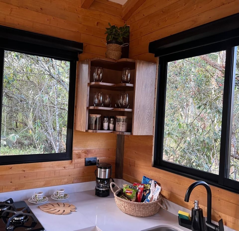 Comfort Cabin | Private kitchen | Full-size fridge, stovetop, dishwasher