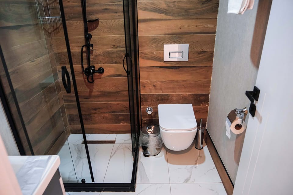 Shower, hair dryer, slippers, towels
