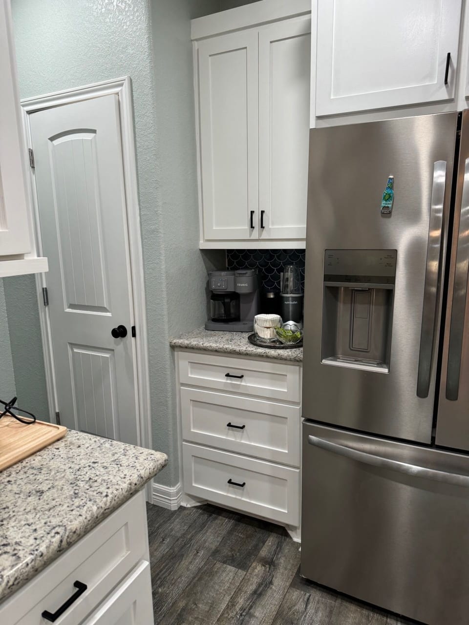 Kitchen coffee station and fridge