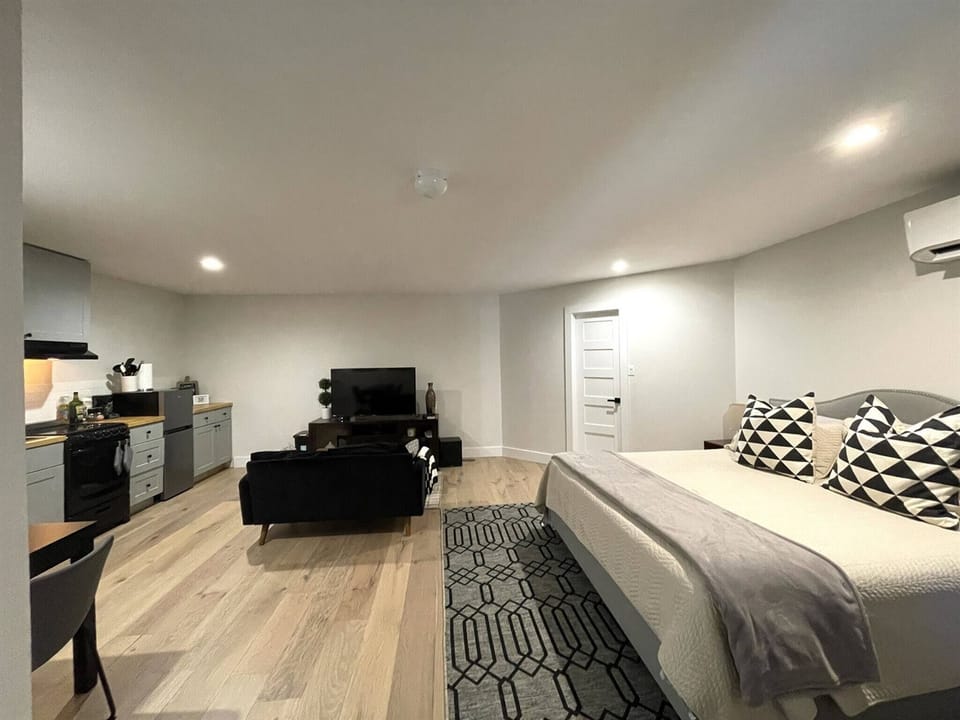 Generous studio featuring a king-sized bed, sleek kitchenette, and inviting living area—perfect for a comfortable, convenient stay.