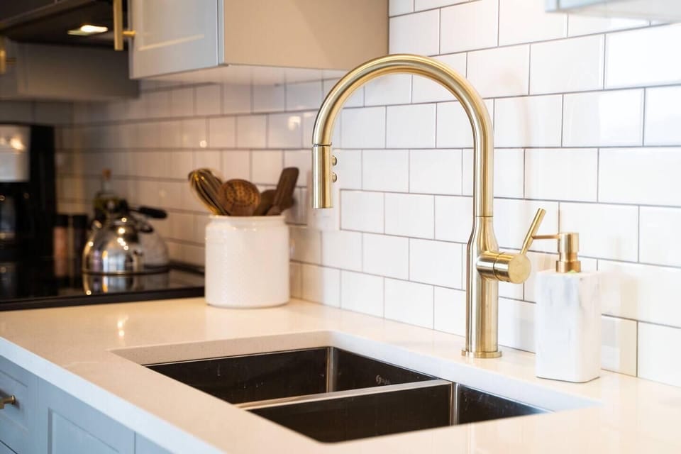 Close-up of the kitchen sink setup featuring a gooseneck faucet and double-basin undermount sink.