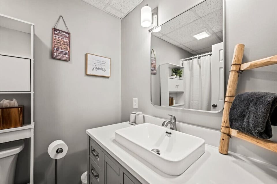 The full bathroom includes a shower and all new vanity. Soaps and towels are provided.