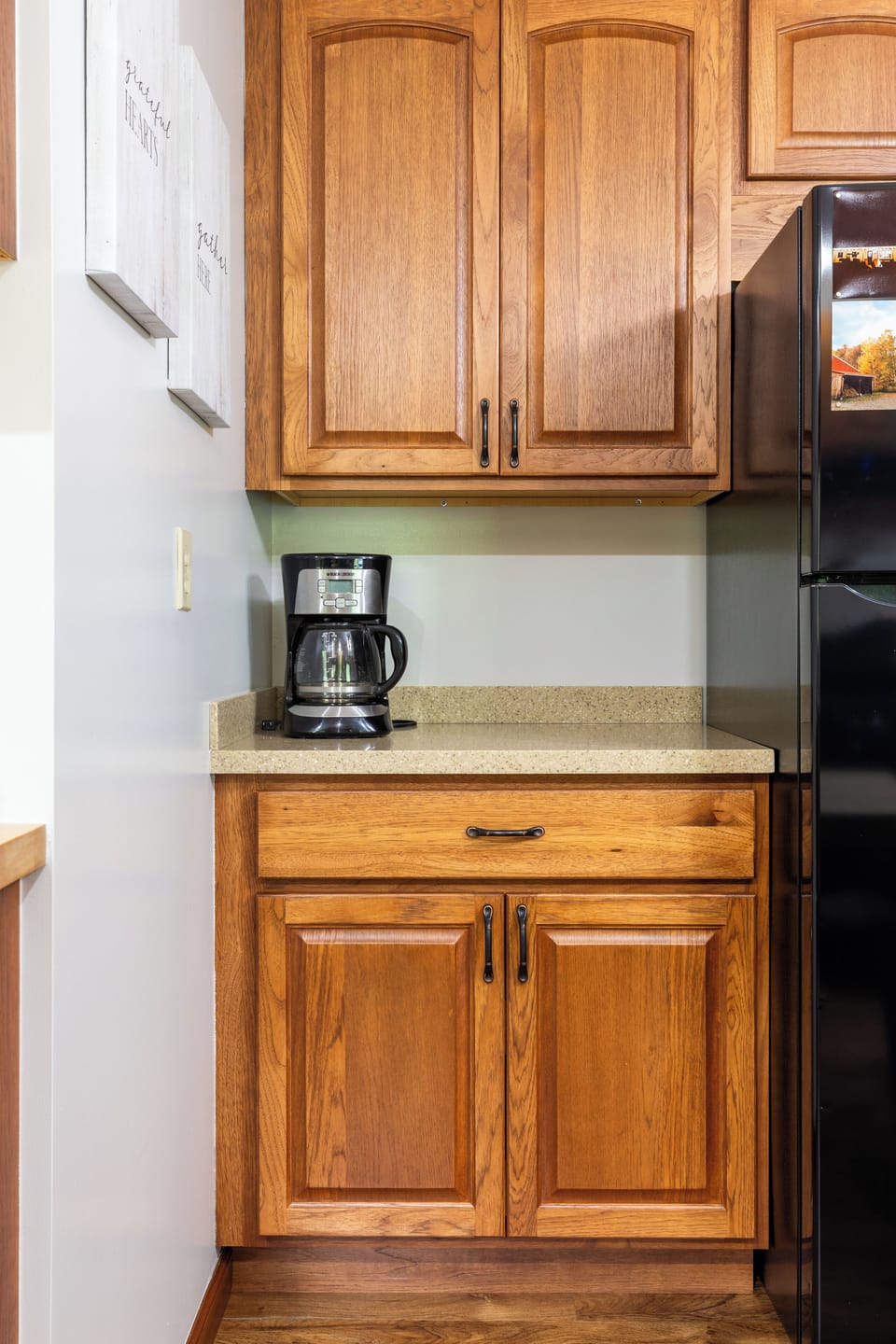 A coffee pot with basket filter and a Keurig. You have options!
