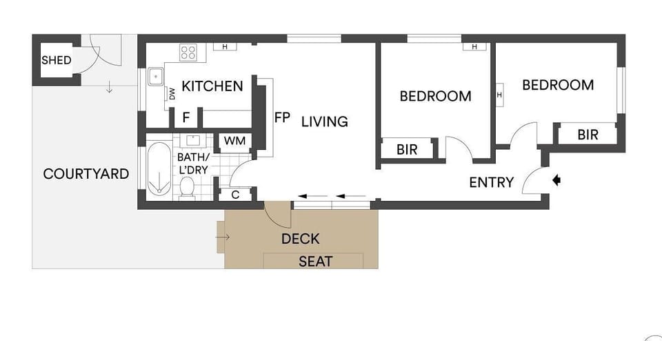FLOOR PLAN. Spacious two bedroom apartment with separate Living Room and Kitchen. Covered deck and sunny rear courtyard. 