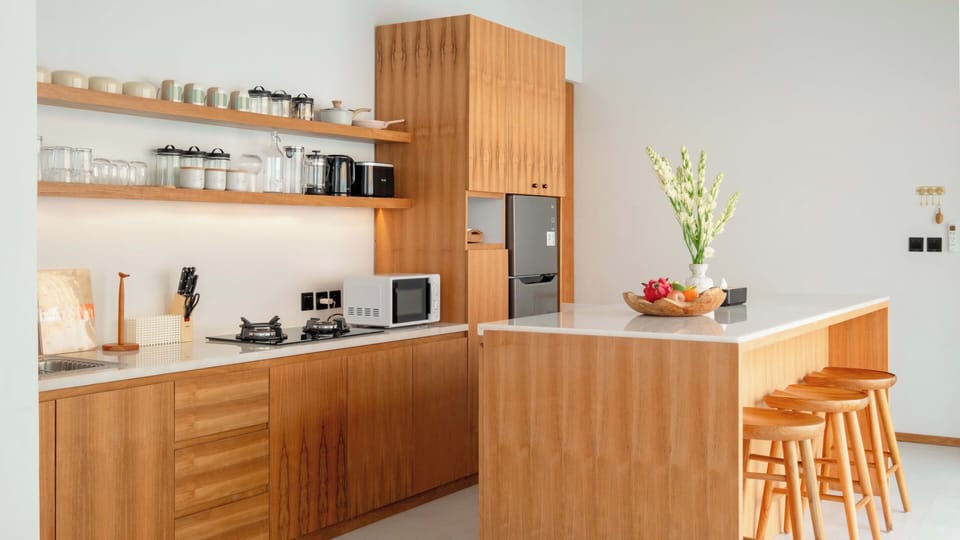 Villa, Pool View | Private kitchen | Fridge, microwave, stovetop, cookware/dishes/utensils