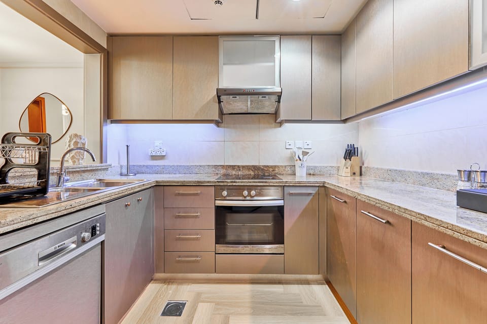 Deluxe Apartment, City View | Private kitchen | Full-size fridge, microwave, oven, stovetop