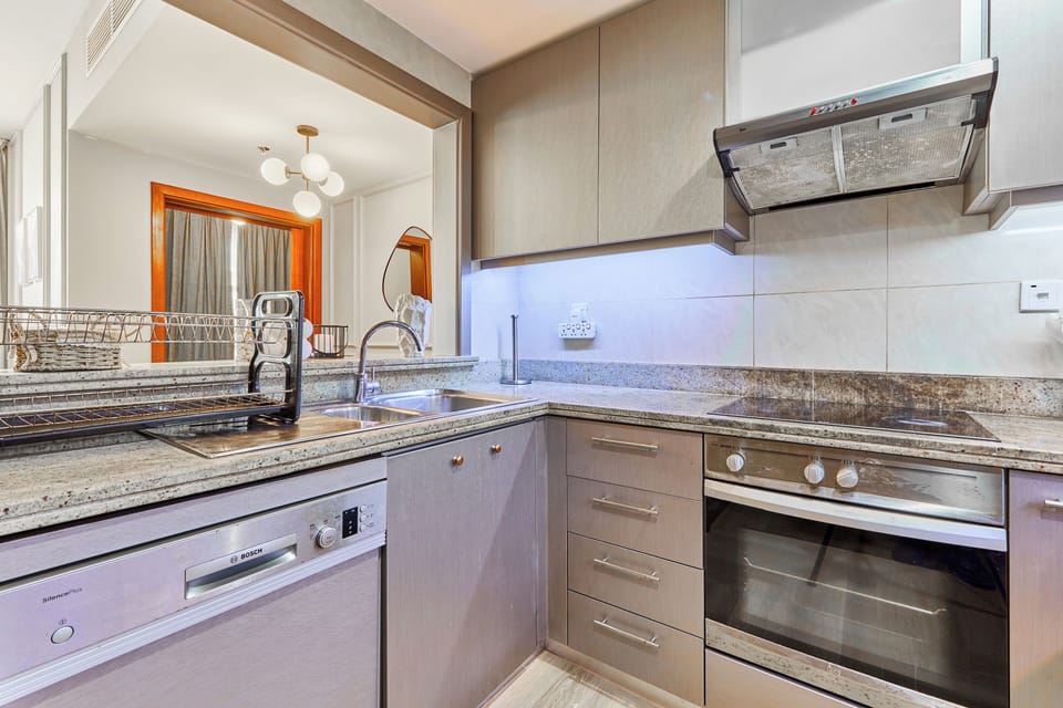 Deluxe Apartment, City View | Private kitchen | Full-size fridge, microwave, oven, stovetop