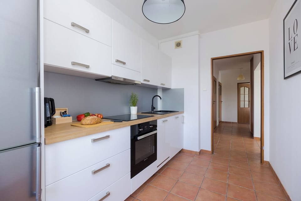 Full-size fridge, oven, stovetop, dishwasher