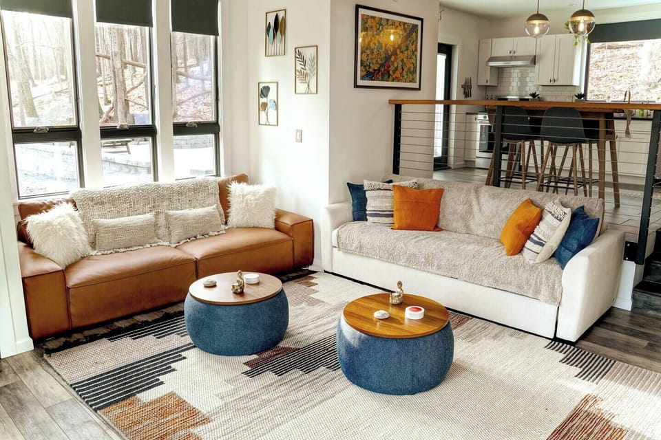 Living room. Faux leather couch is a great place to read a book.