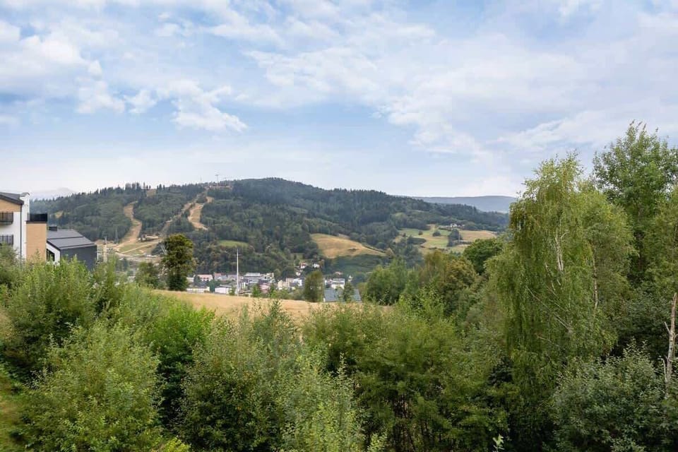 This scenic landscape view features rolling hills, dense green trees, and traditional rooftops under a bright summer sky.