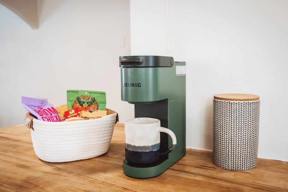 Upstairs, Kitchen No. 1: Keurig, pour over and french press options.