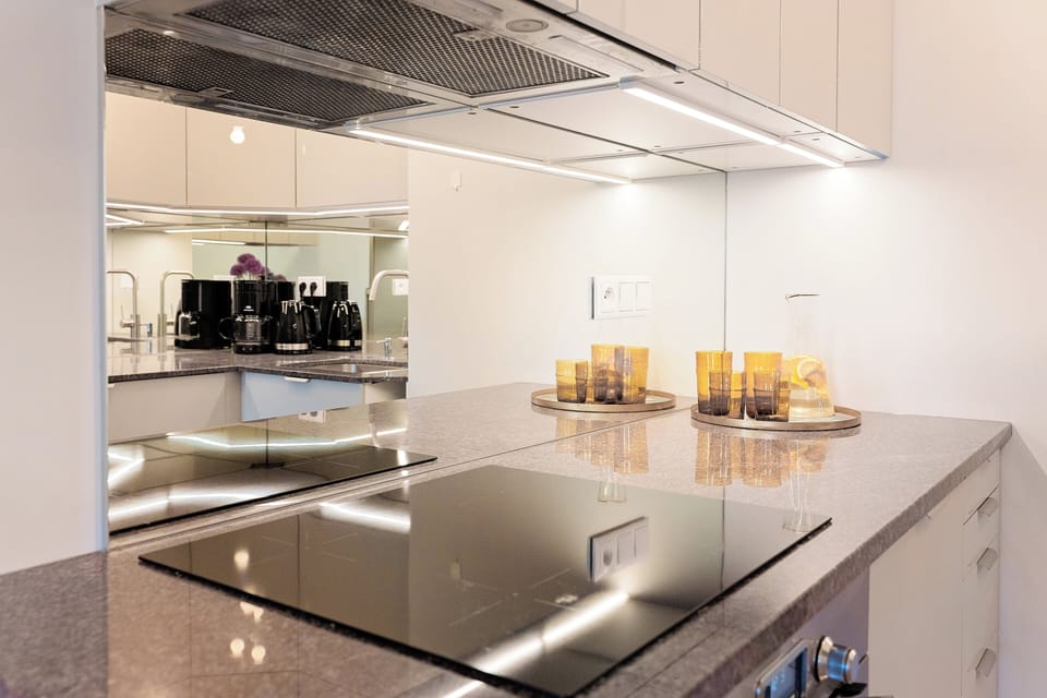 Full-size fridge, microwave, stovetop, coffee/tea maker