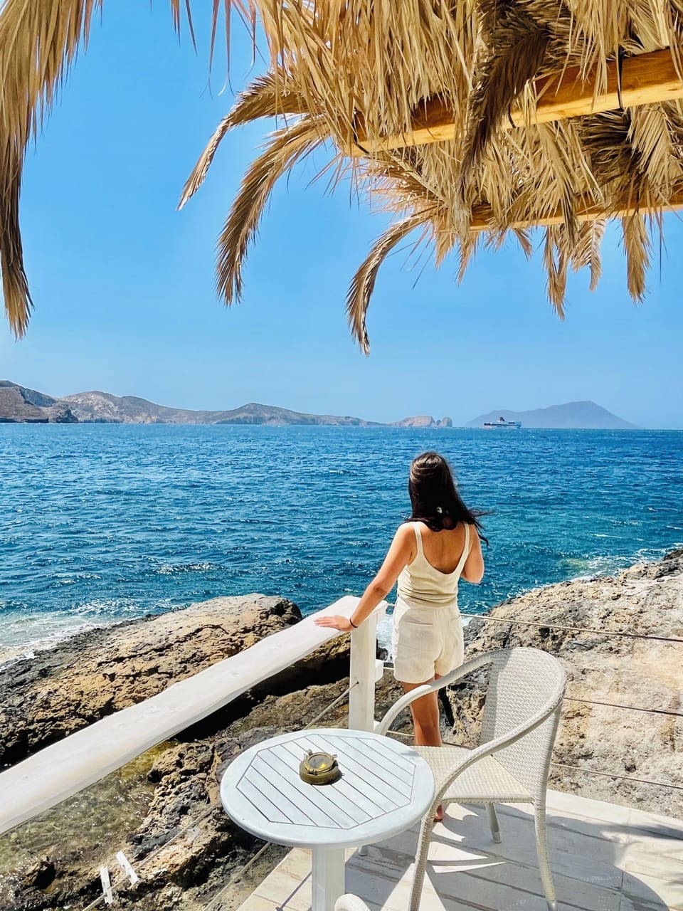 Milos island sea view balcony on the ochen water by Cavo paradiso ochen house .