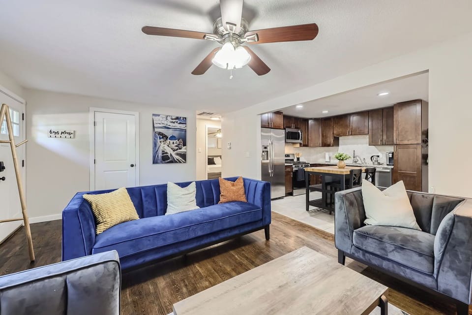 Cozy sofas in the living room; nearby kitchen