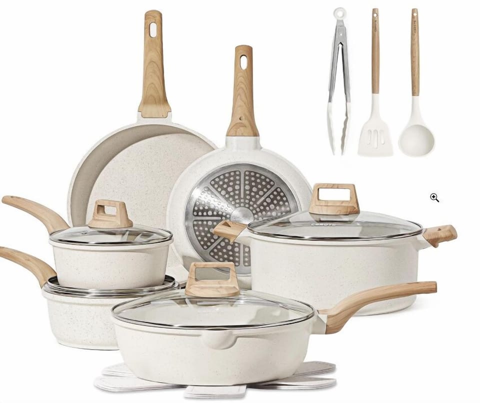 CAROTE 16 Piece Pots and Pans Set Nonstick, White Granite Cookware Sets Induction Cookware, Non Stick Cooking Set w/Frying Pans & Saucepans (PFOS, PFOA Free)