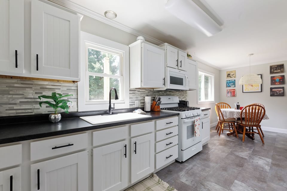 Our well-appointed kitchen is nicely stocked with all the bakeware, pots and pans and mixing bowls to whip together everything from steaks to a cake!