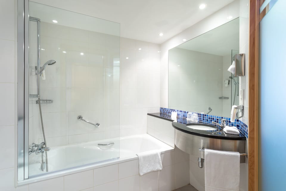 Combined shower/tub, hair dryer, bidet, towels