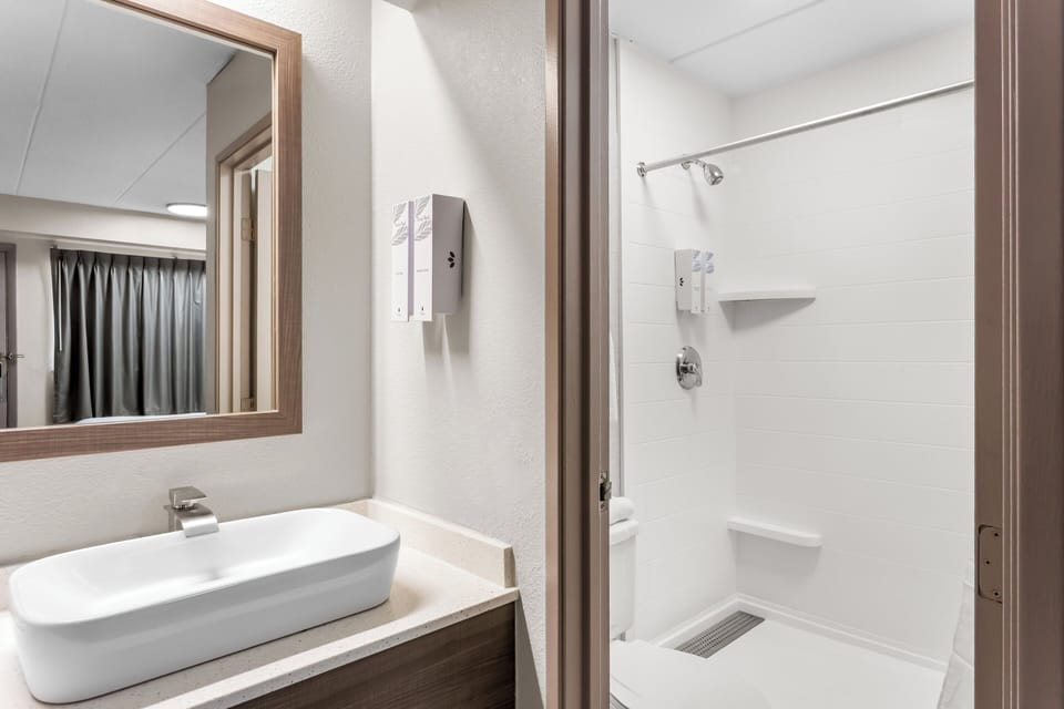 Combined shower/tub, hair dryer, towels