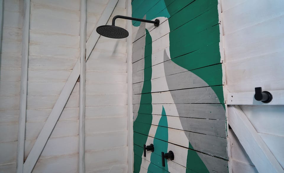 Shower, rainfall showerhead, free toiletries, towels