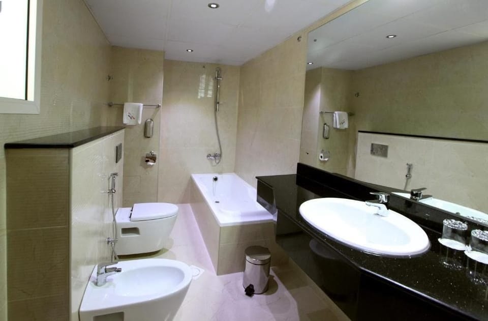 Deluxe Double Room, City View | Bathroom | Combined shower/tub, free toiletries, hair dryer, slippers