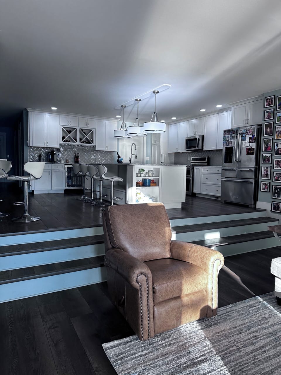 Full Kitchen with everything you need looking up from living room (3 steps). 