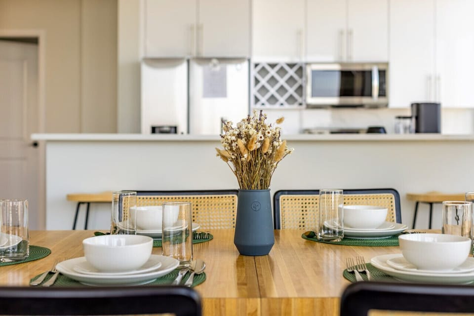 Dining Table, Full Dishware with Plates, Bowls, Knives, Small Plates, Flatware with Knives, Forks, Spoon, Forks, 6 Dining Chairs, Wall Art, Wooden Dining Table