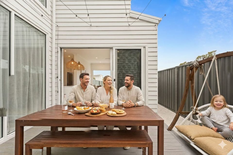 Courtyard dining space and hanging chair