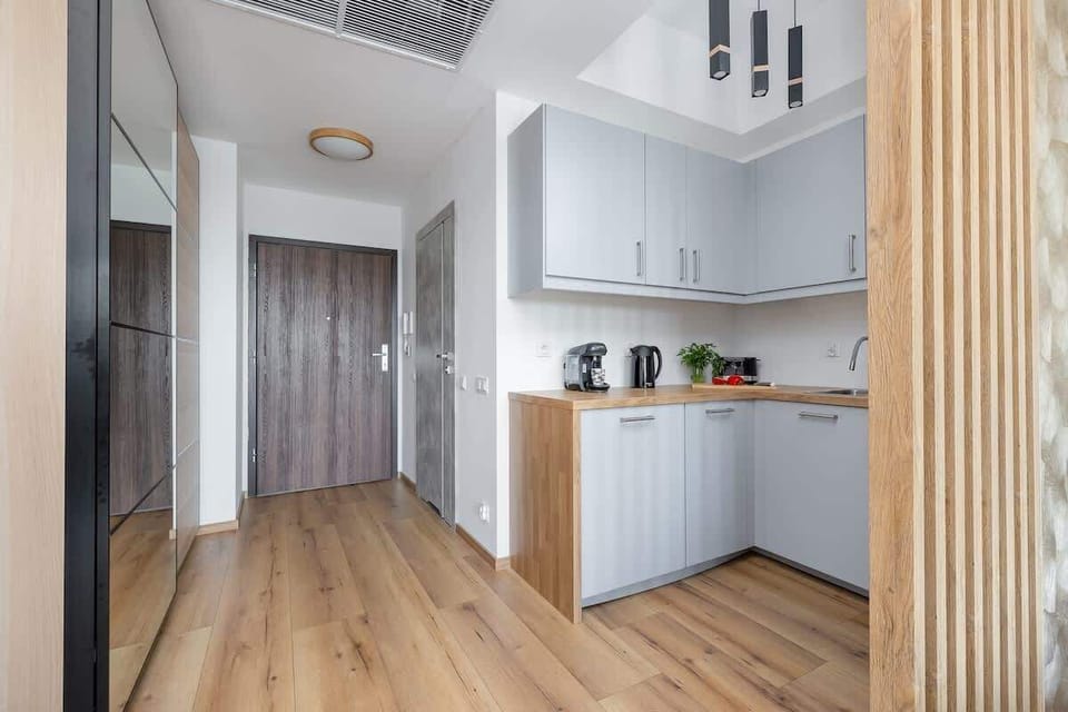 Entrance to the studio featuring built-in storage and clean lines.