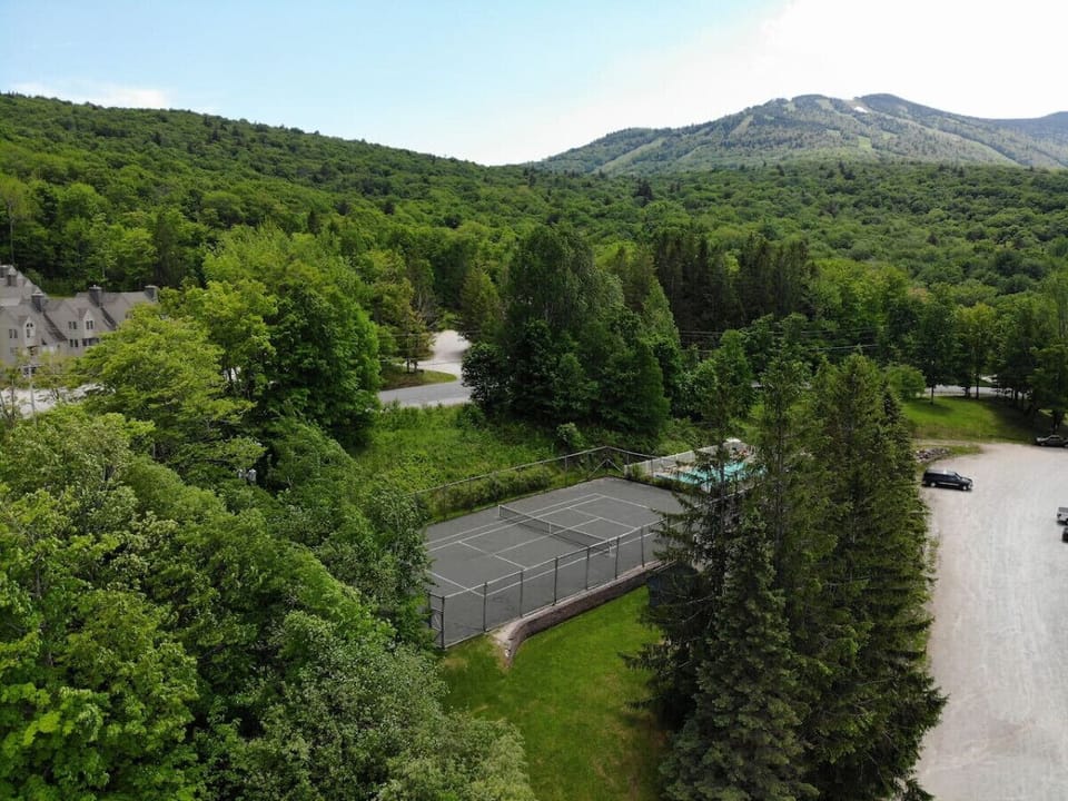 Aerial view of tennis courts and parking.