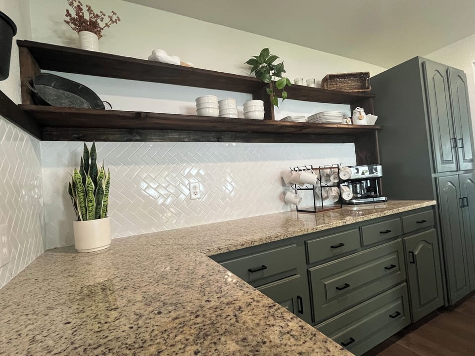 Ample countertop space and dishware for all your cooking needs.